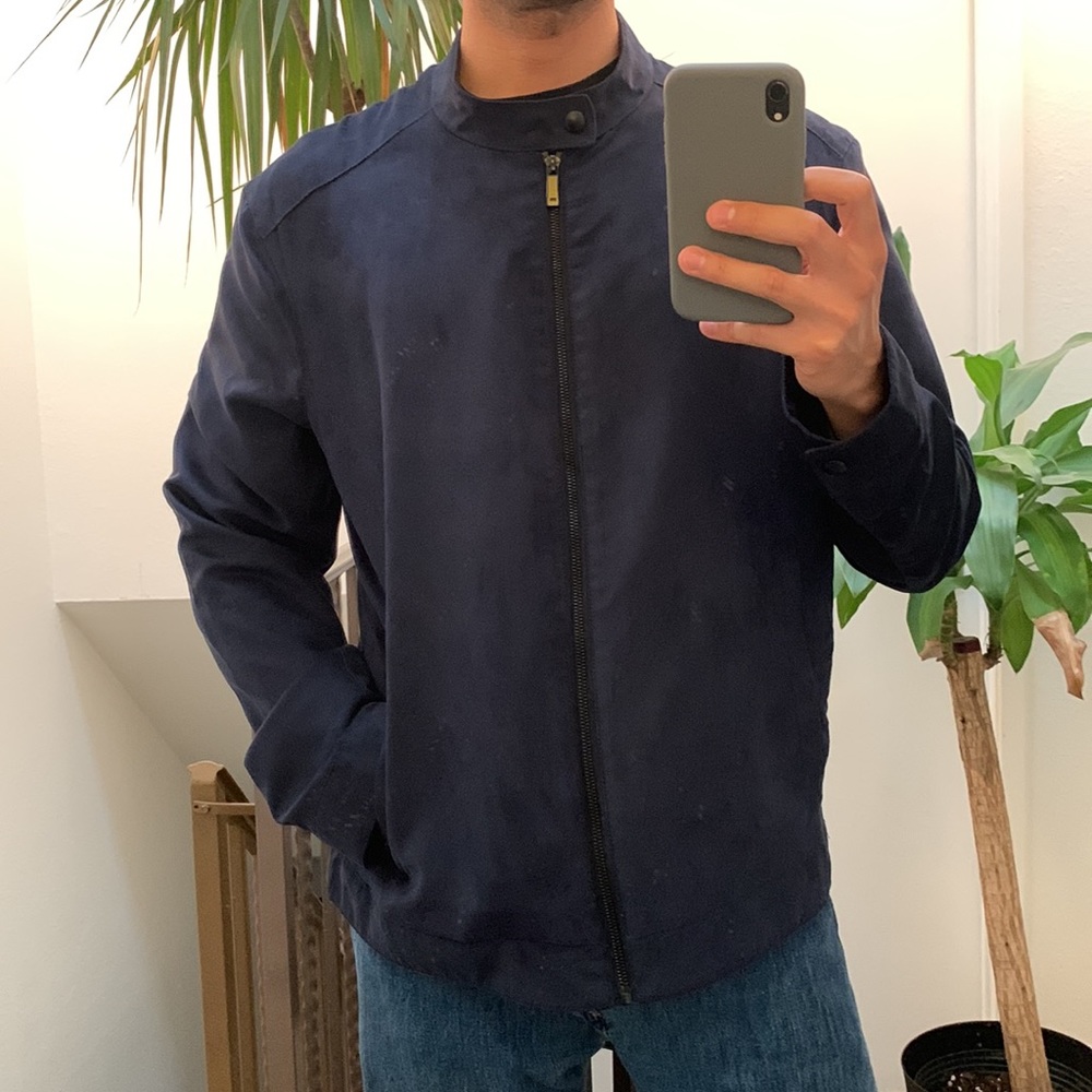 ZARA FAUX SUEDE JACKET, BLUE, Buttoned collar strap, SIZE XL